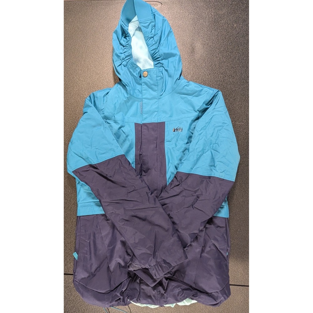 REI Co-op Youth XL 18 Blue Colorblock Fleece Lined Hooded Rain Jacket
